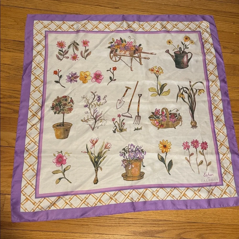 Echo for Talbots Silk Scarf Floral Garden Print Purple Square